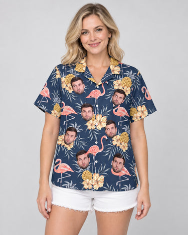 Flamingo Pineapple Paradise Hawaiian shirt with printed faces, worn by a woman