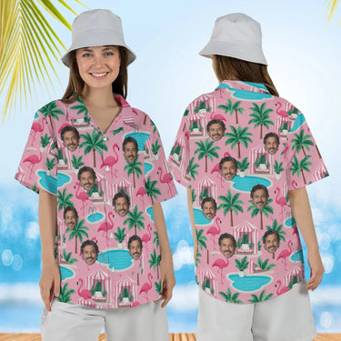 Woman wearing the Flamingo Resort Tropical Hawaiian Shirt with custom faces, front and back view