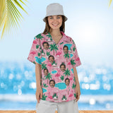 Woman wearing the Flamingo Resort Tropical Hawaiian Shirt with custom faces