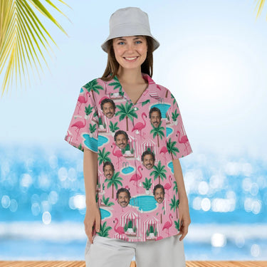 Woman wearing the Flamingo Resort Tropical Hawaiian Shirt with custom faces