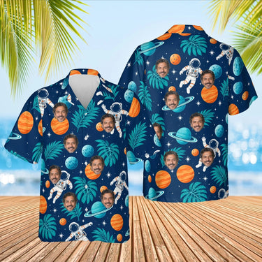 Floating Astronaut Sci-Fi Hawaiian Shirt with custom faces, front and back