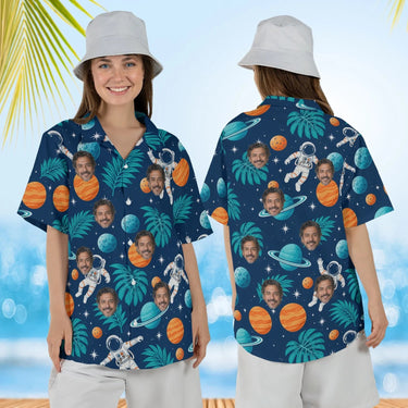 Woman wearing the Floating Astronaut Sci-Fi Hawaiian Shirt with custom faces, front and back view