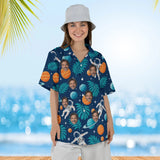 Woman wearing the Floating Astronaut Sci-Fi Hawaiian Shirt with custom faces