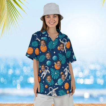 Woman wearing the Floating Astronaut Sci-Fi Hawaiian Shirt with custom faces