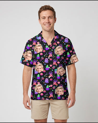 Floral Ghost Halloween Hawaiian shirt with printed faces, worn by a man
