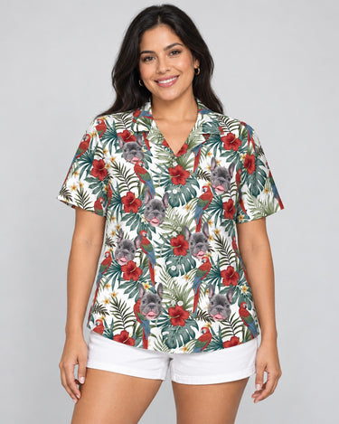 Floral Macaw Magic Hawaiian shirt with printed faces, worn by a woman