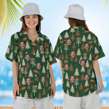 Woman wearing the Forest Course Disc Golf Hawaiian Shirt with custom faces, front and back view
