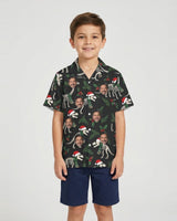 Fossil Santa Dinosaur Christmas Hawaiian Shirt with printed faces, worn by a child