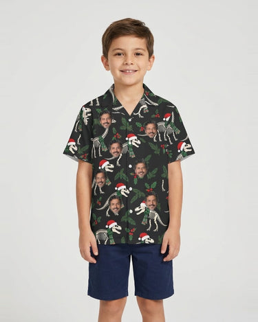 Fossil Santa Dinosaur Christmas Hawaiian Shirt with printed faces, worn by a child
