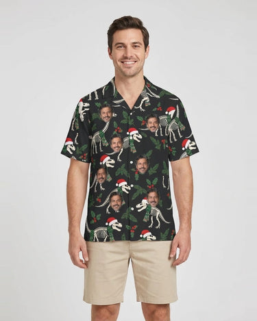 Fossil Santa Dinosaur Christmas Hawaiian Shirt with printed faces, worn by a man