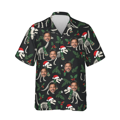 Fossil Santa Dinosaur Christmas Hawaiian Shirt personalized with printed faces, front view
