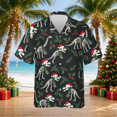 Fossil Santa Dinosaur Christmas Hawaiian Shirt print before personalizing, front view