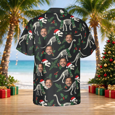 Fossil Santa Dinosaur Christmas Hawaiian Shirt with custom faces, back view