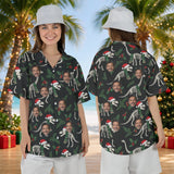 Woman wearing the Fossil Santa Dinosaur Christmas Hawaiian Shirt with custom faces, front and back view