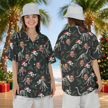 Woman wearing the Fossil Santa Dinosaur Christmas Hawaiian Shirt with custom faces, front and back view