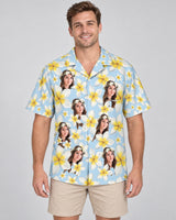 Frangipani Paradise Hawaiian shirt with printed faces, worn by a man
