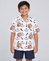 Freedom Summer USA Hawaiian shirt with printed faces, worn by a child