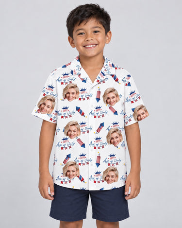 Freedom Summer USA Hawaiian shirt with printed faces, worn by a child