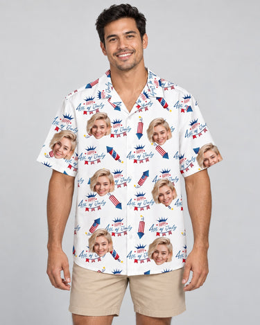 Freedom Summer USA Hawaiian shirt with printed faces, worn by a man