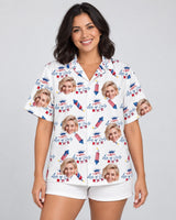 Freedom Summer USA Hawaiian shirt with printed faces, worn by a woman