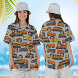 Woman wearing the Freight Train Hawaiian Shirt with custom faces, front and back view