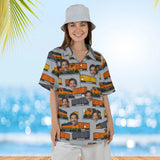 Woman wearing the Freight Train Hawaiian Shirt with custom faces