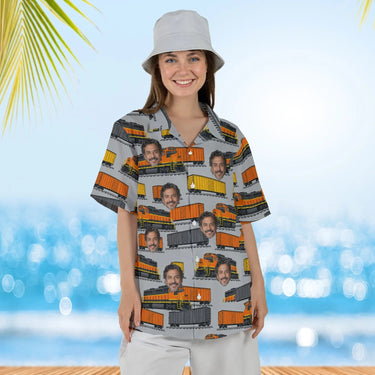 Woman wearing the Freight Train Hawaiian Shirt with custom faces