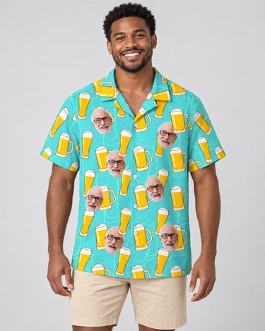Funky Brew Paradise Hawaiian shirt with printed faces, worn by a man