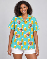 Funky Brew Paradise Hawaiian shirt with printed faces, worn by a woman