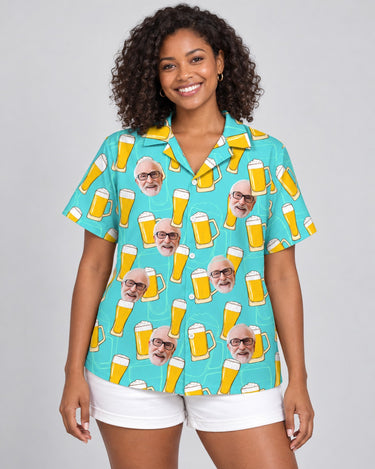 Funky Brew Paradise Hawaiian shirt with printed faces, worn by a woman