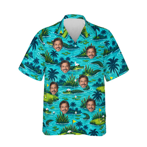 Gator Golf Funny Hawaiian Golf Shirt personalized with printed faces, front view