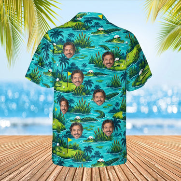 Gator Golf Funny Hawaiian Golf Shirt with custom faces, back view