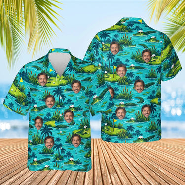 Gator Golf Funny Hawaiian Golf Shirt with custom faces, front and back