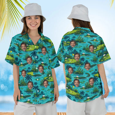 Woman wearing the Gator Golf Funny Hawaiian Golf Shirt with custom faces, front and back view