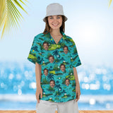 Woman wearing the Gator Golf Funny Hawaiian Golf Shirt with custom faces