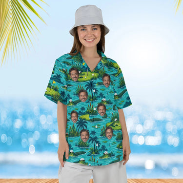 Woman wearing the Gator Golf Funny Hawaiian Golf Shirt with custom faces