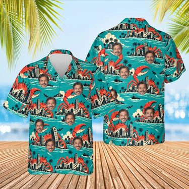 Giant Crab Kaiju Hawaiian Shirt with custom faces, front and back