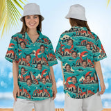 Woman wearing the Giant Crab Kaiju Hawaiian Shirt with custom faces, front and back view