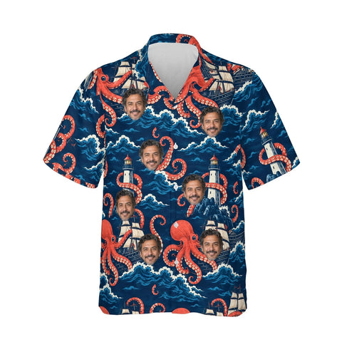 Giant Octopus Kaiju Hawaiian Shirt personalized with printed faces, front view