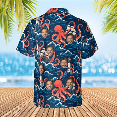 Giant Octopus Kaiju Hawaiian Shirt with custom faces, back view
