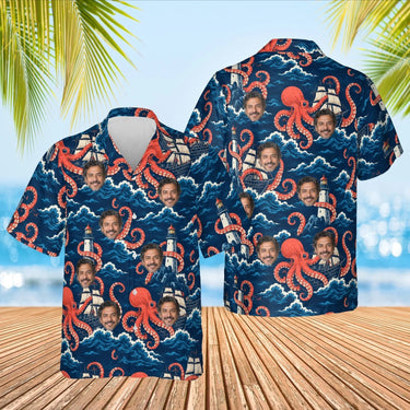 Giant Octopus Kaiju Hawaiian Shirt with custom faces, front and back