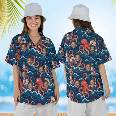 Woman wearing the Giant Octopus Kaiju Hawaiian Shirt with custom faces, front and back view
