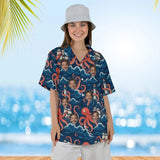 Woman wearing the Giant Octopus Kaiju Hawaiian Shirt with custom faces