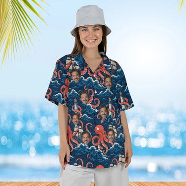 Woman wearing the Giant Octopus Kaiju Hawaiian Shirt with custom faces