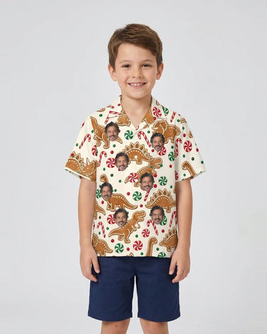 Gingerbread Dinosaur Christmas Hawaiian Shirt with printed faces, worn by a child