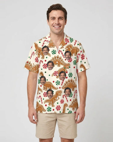 Gingerbread Dinosaur Christmas Hawaiian Shirt with printed faces, worn by a man