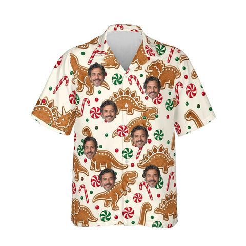 Gingerbread Dinosaur Christmas Hawaiian Shirt personalized with printed faces, front view
