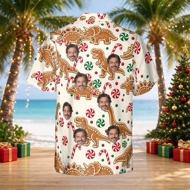 Gingerbread Dinosaur Christmas Hawaiian Shirt with custom faces, back view