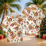 Gingerbread Dinosaur Christmas Hawaiian Shirt with custom faces, front and back
