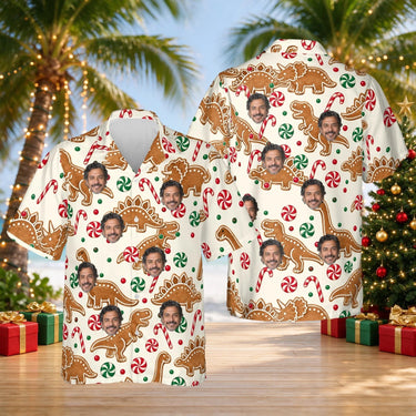 Gingerbread Dinosaur Christmas Hawaiian Shirt with custom faces, front and back